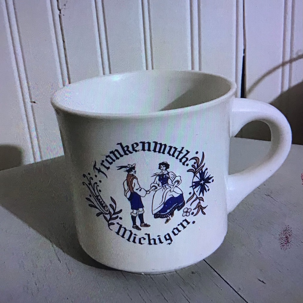 Frankenmuth Michigan White Ceramic Travel Mug with Blue Design